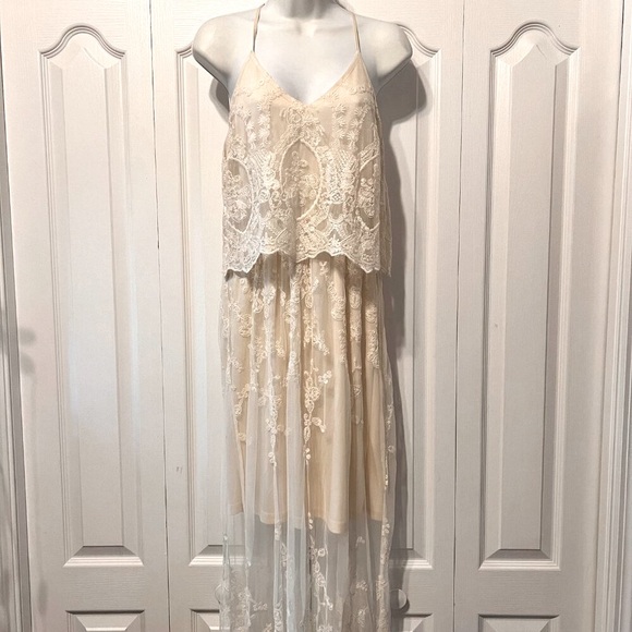Miami Overlay Lace Maxi Dress-Cream/Ivory-Boho Floral Embroidered-Medium - Picture 1 of 16